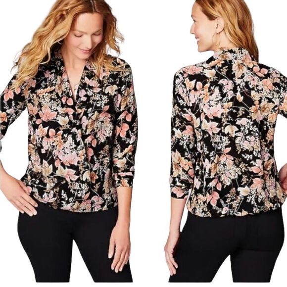 J jill Black Floral Wrap Front Blouse Size XS - Picture 1 of 11